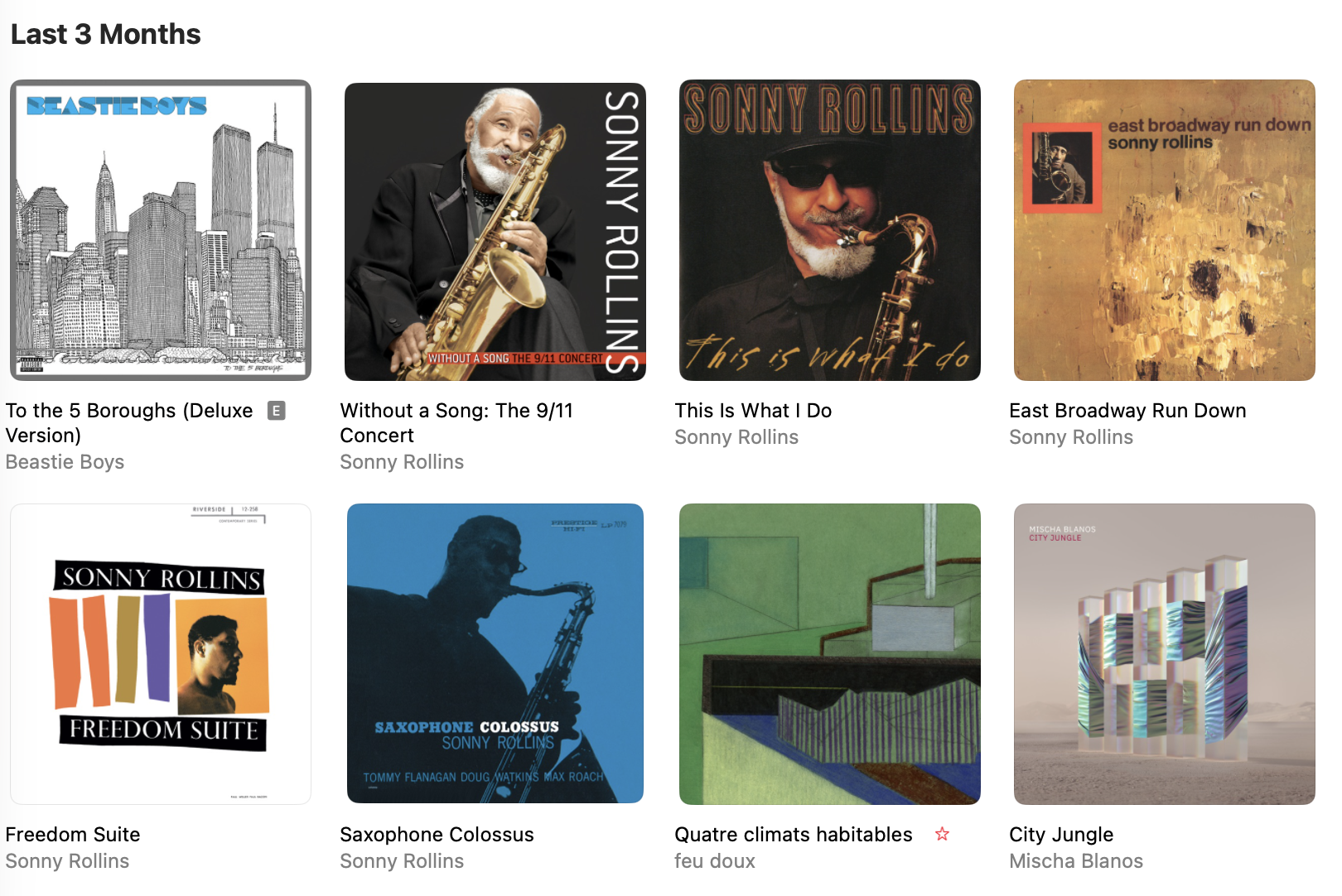 A music listening history displays album covers and titles from artists including Beastie Boys, Sonny Rollins, feu doux, and Mischa Blanos.